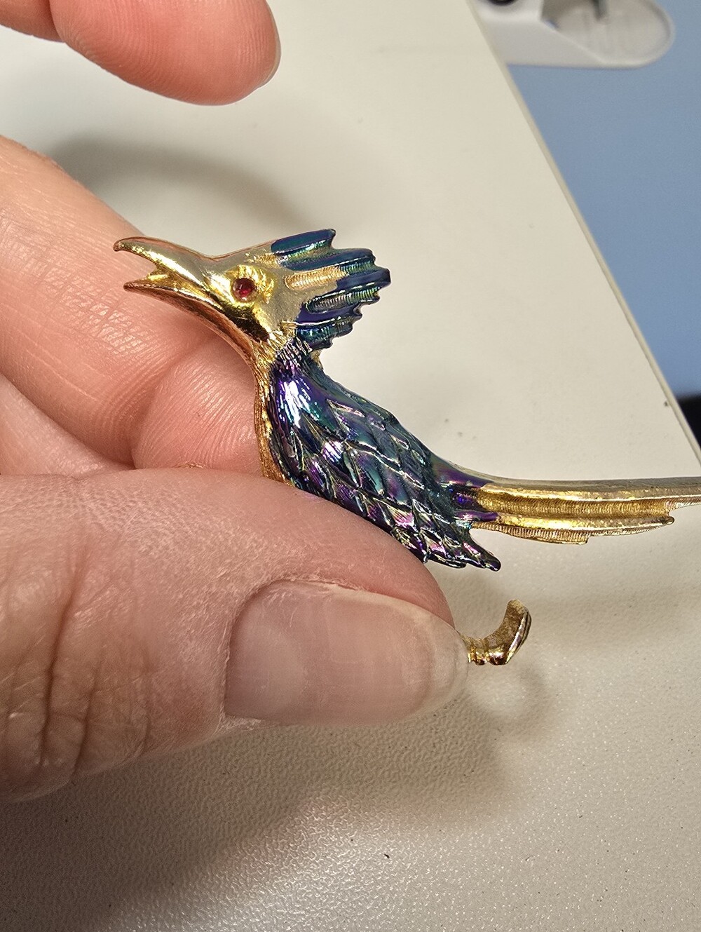 Vintage ULTRA Roadrunner Gold Tone Rhinestone Eye Enamel Signed Pin Brooch READ - Picture 2 of 6